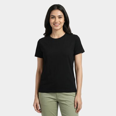 Women's Black Cotton Round Neck Casual T-Shirt