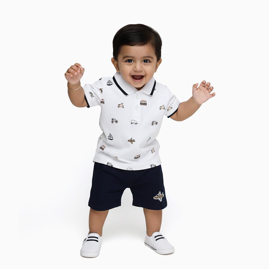Infants' White Cotton Polo Neck Printed Baba Suit, नेवी ब्लू, large image number null