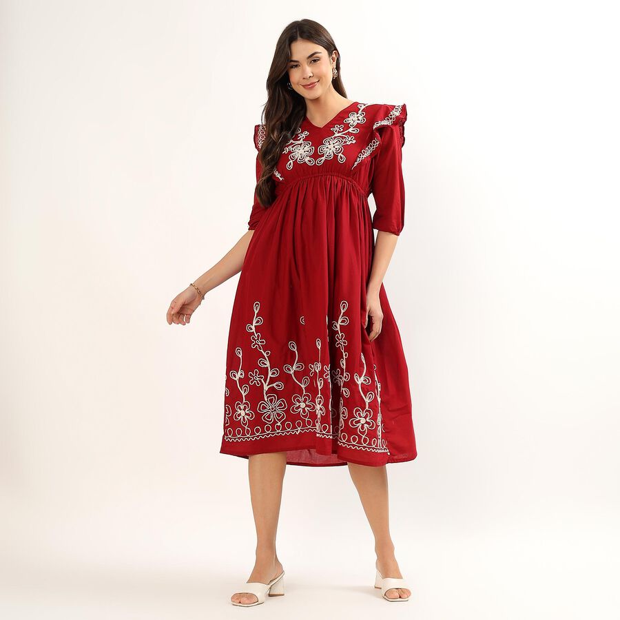 Women's Dusty Rose Pink Cotton V-Neck A-Line Floral Print Dress, मरून, large