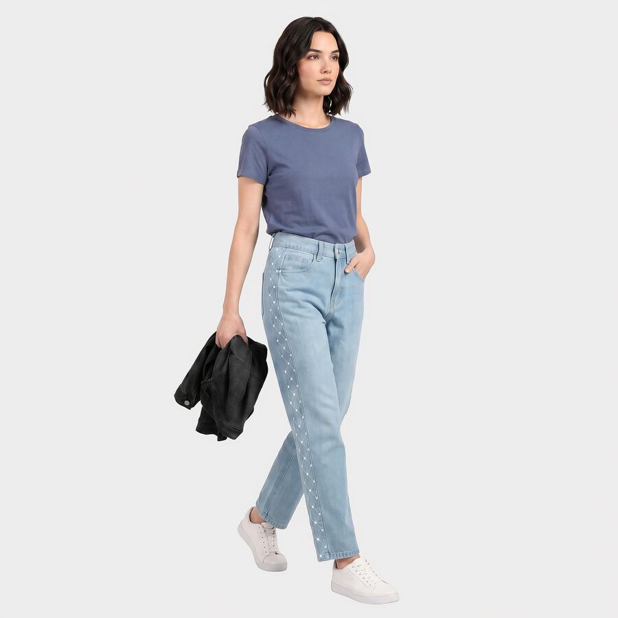 Women's Light Blue Straight Fit Embroidered Side Tape Jeans, हल्का नीला, large