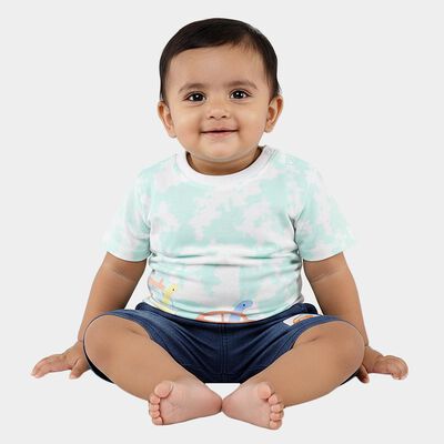 Infants' Light Green Cotton Round Neck Printed Baba Suit