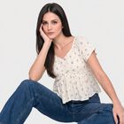 Women's White Floral V Neck Shirt, सफ़ेद, small