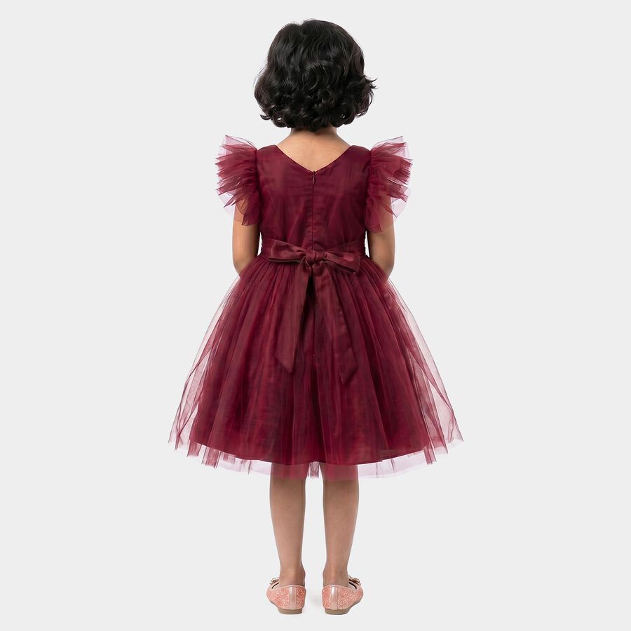 Girls' Wine Fit and Flare Floral Applique Party Wear Frock, वाइन, large