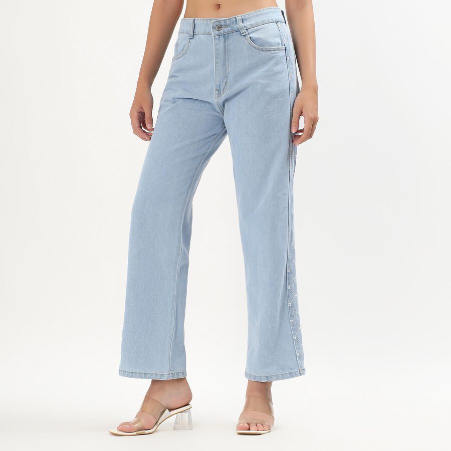 Women's Light Powder Blue Straight Fit Embroidered Jeans, Mid Blue, large image number null