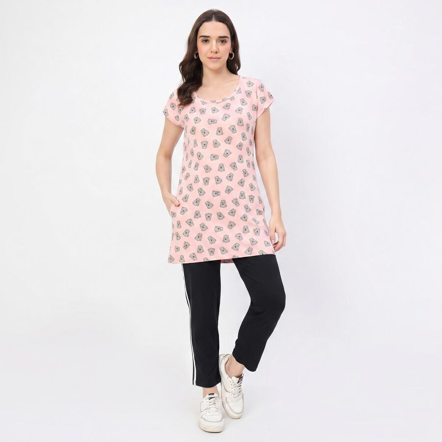 Women's Pink Round Neck T-Shirt Style Nighty, हल्का गुलाबी, large