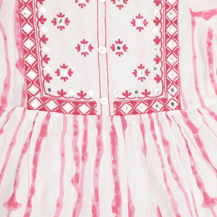 Girls' Bright Pink and White Embroidered Tie-Dye Three-Quarter Sleeve Fusion Set, ऑफ व्हाइट, large image number null