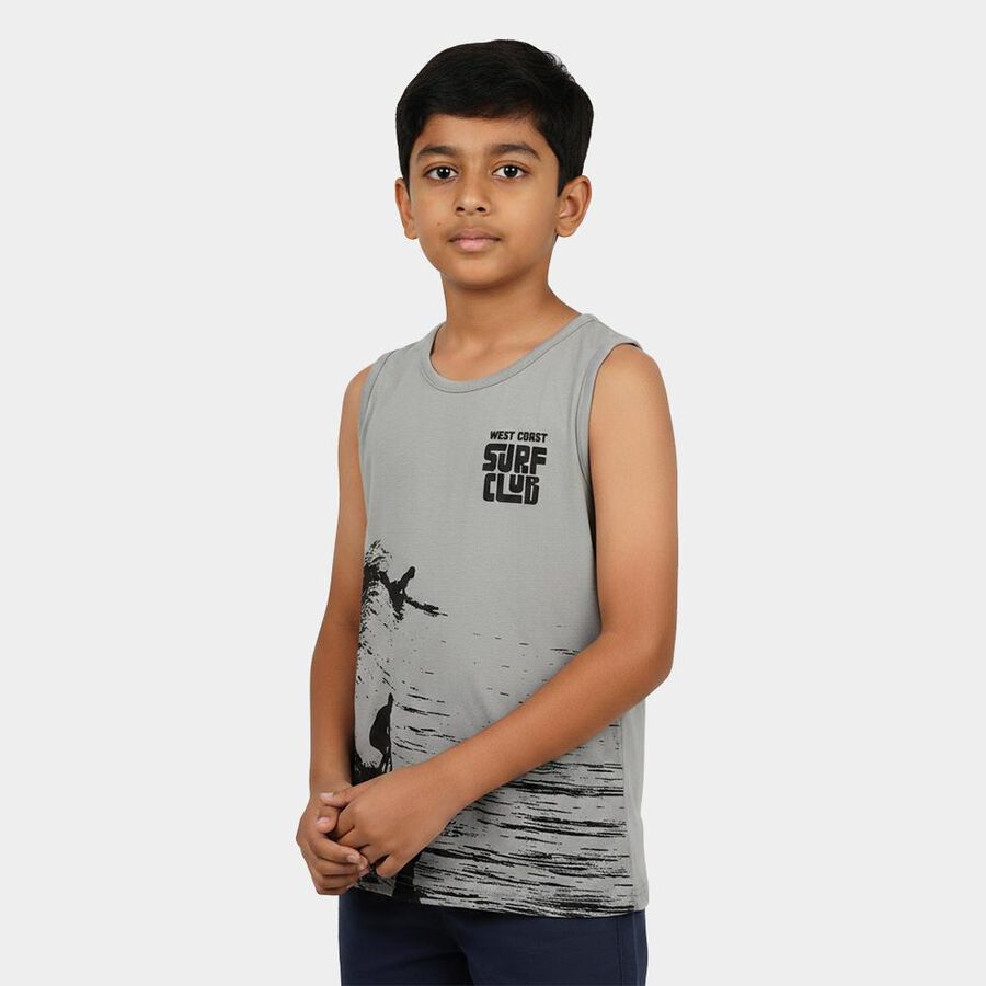 Boys Light Grey Round Neck Casual Printed T-Shirt, Light Grey, large