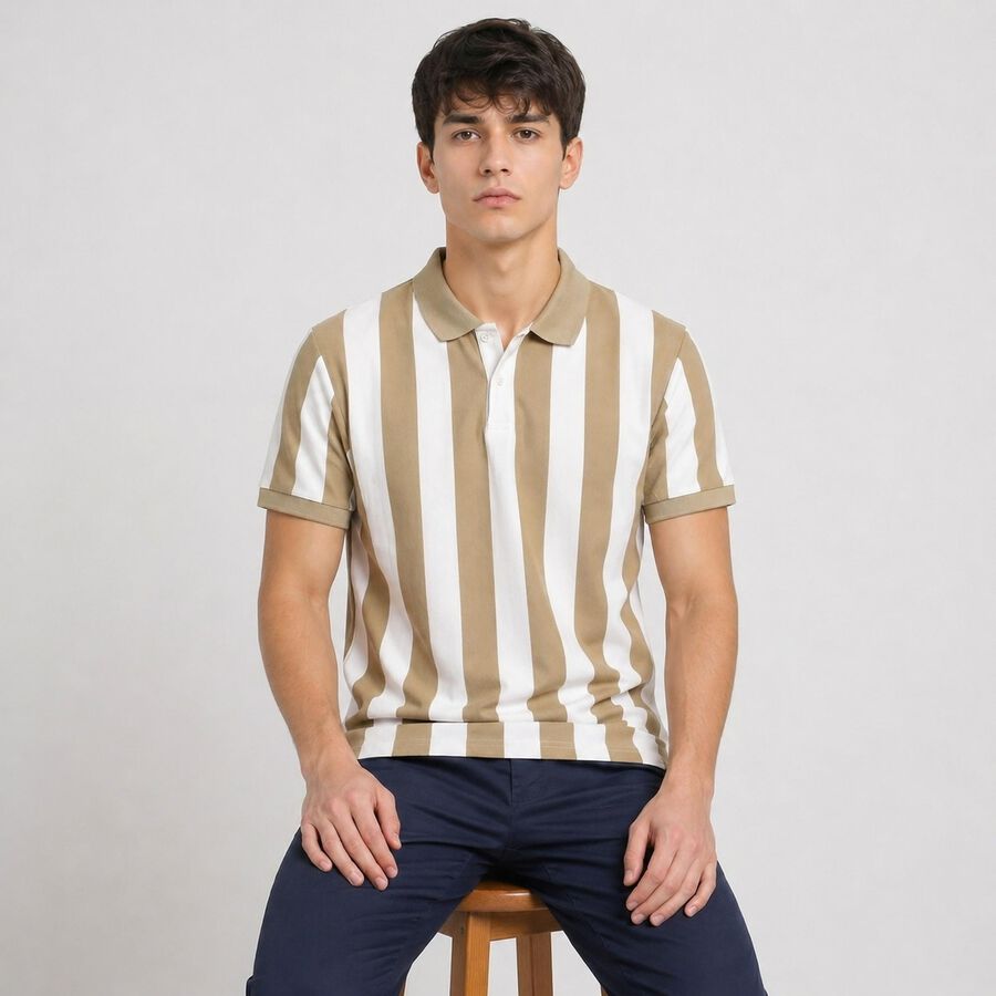 Men's Beige Polo Neck Striped T-Shirt, Beige, large