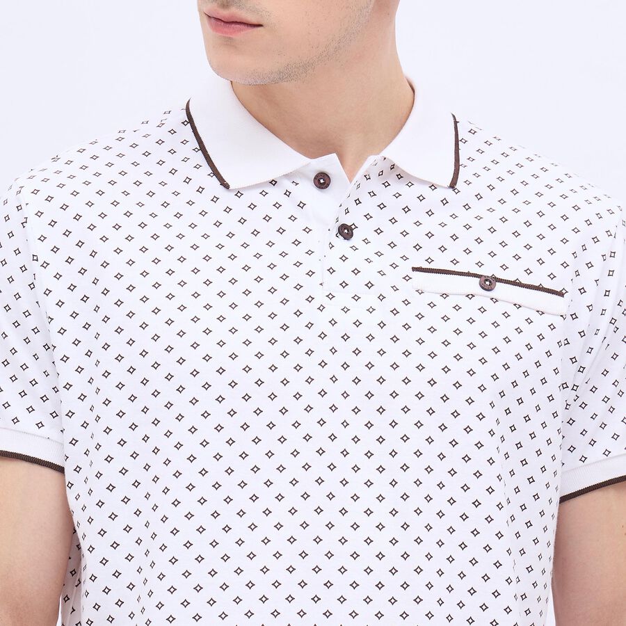 Men's Rich Eggshell White Cotton Polo Neck Printed T-Shirt, White, large image number null