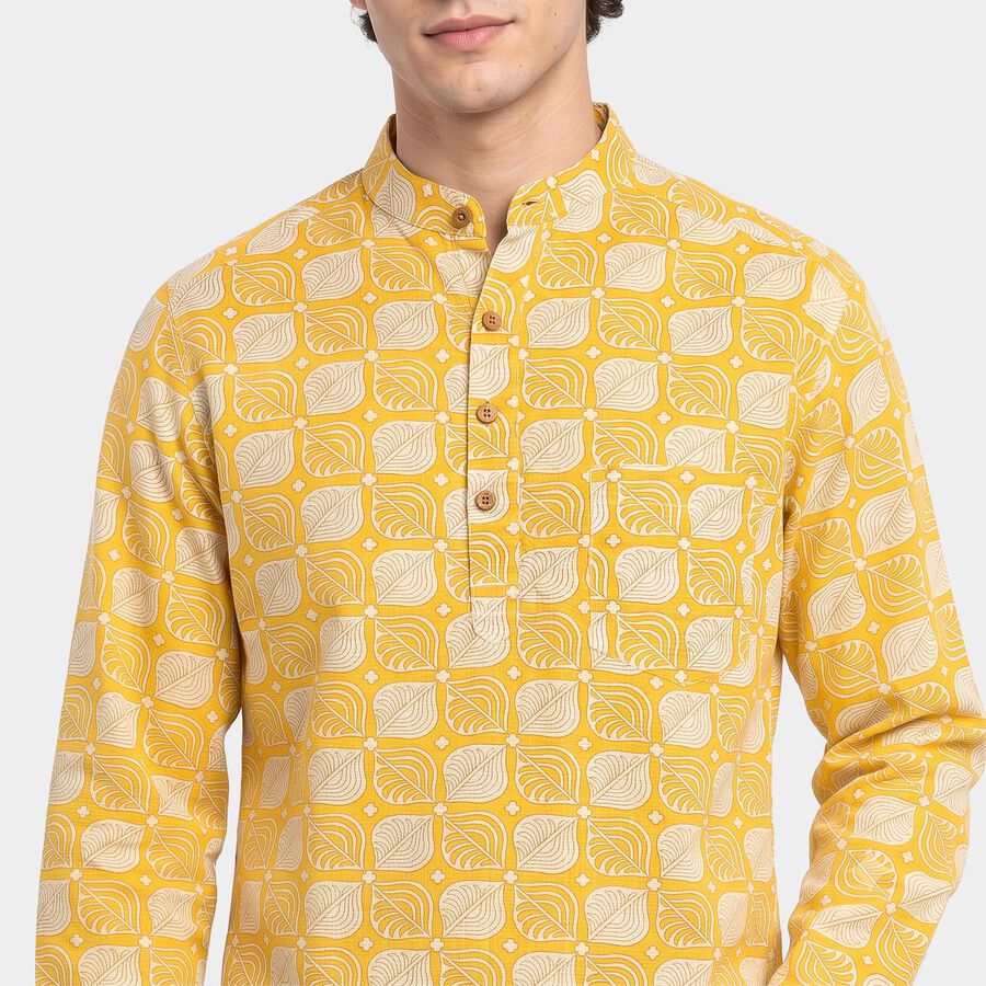 Men's Yellow 100% Cotton Mandarin Collar Printed Kurta, पीला, large