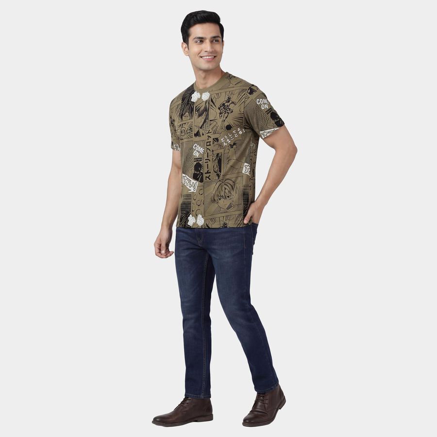 Men's Olive Cotton Round Neck Casual T-Shirt, ओलिव, large