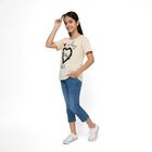 Girls' Beige Cotton Round Neck Graphic T-Shirt, Beige, small