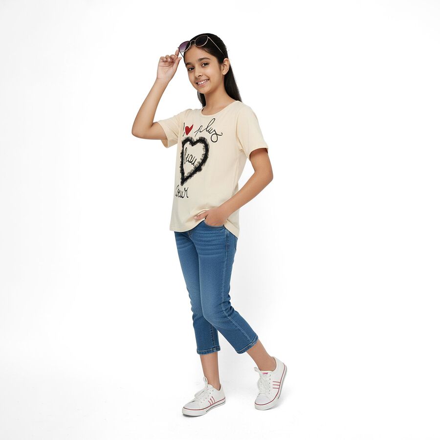 Girls' Beige Cotton Round Neck Graphic T-Shirt, Beige, large