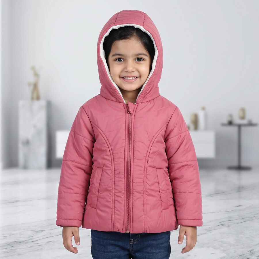 Girls Pink Hooded Puffer Jacket, Pink, large