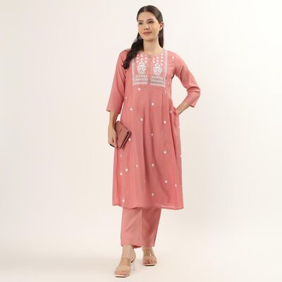 Women's Pink Floral Printed Ethnic Set