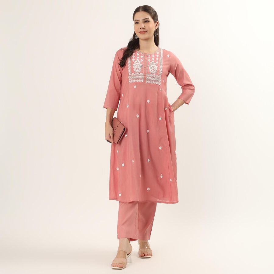 Women's Pink Floral Printed Ethnic Set, हल्का गुलाबी, large