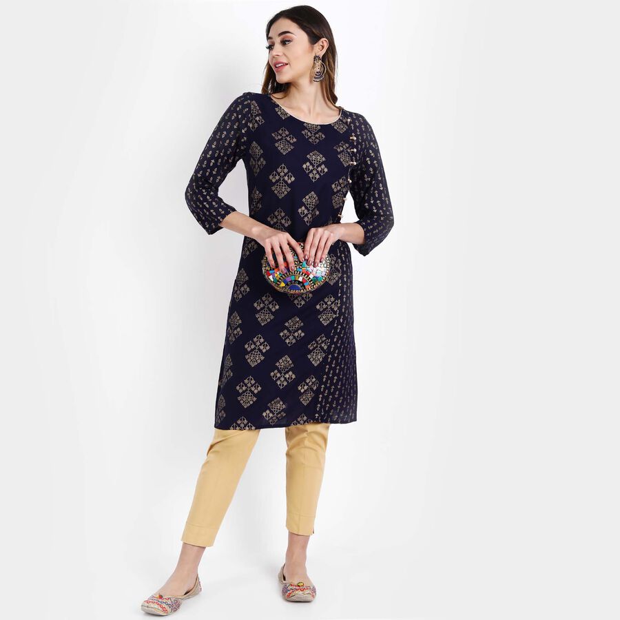 Printed Straight Kurta, Navy Blue, large image number null