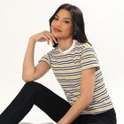 Women's Yellow and Black Round Neck Casual T-Shirt, मस्टर्ड, small