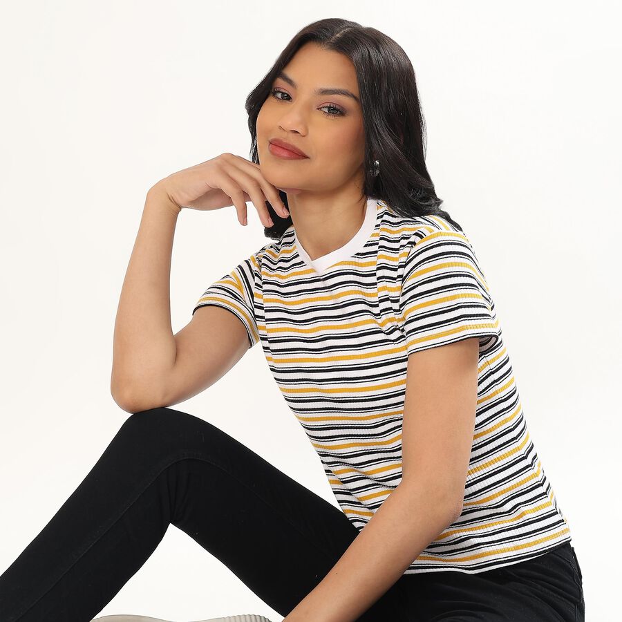 Women's Yellow and Black Round Neck Casual T-Shirt, मस्टर्ड, large