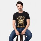 Men's Black Round Neck Regular Graphic Printed T-Shirt, काला, small