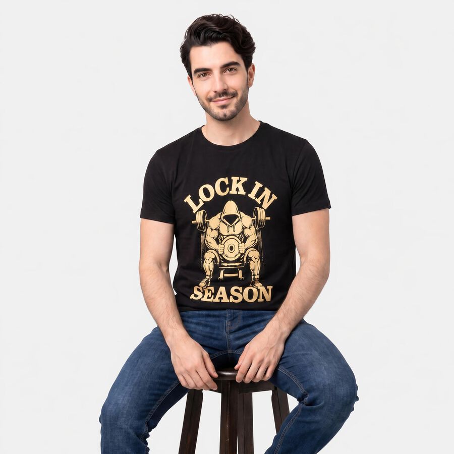 Men's Black Round Neck Regular Graphic Printed T-Shirt, काला, large