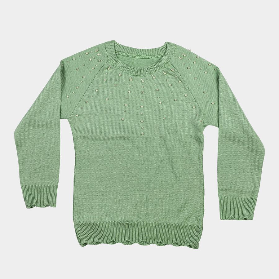 Girls' Sage Green Crew Neck Embellished Pullover, हल्का हरा, large