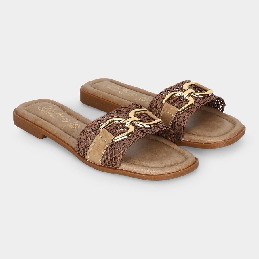 Women's Beige Chain Detail Slide Sandals, Beige, large