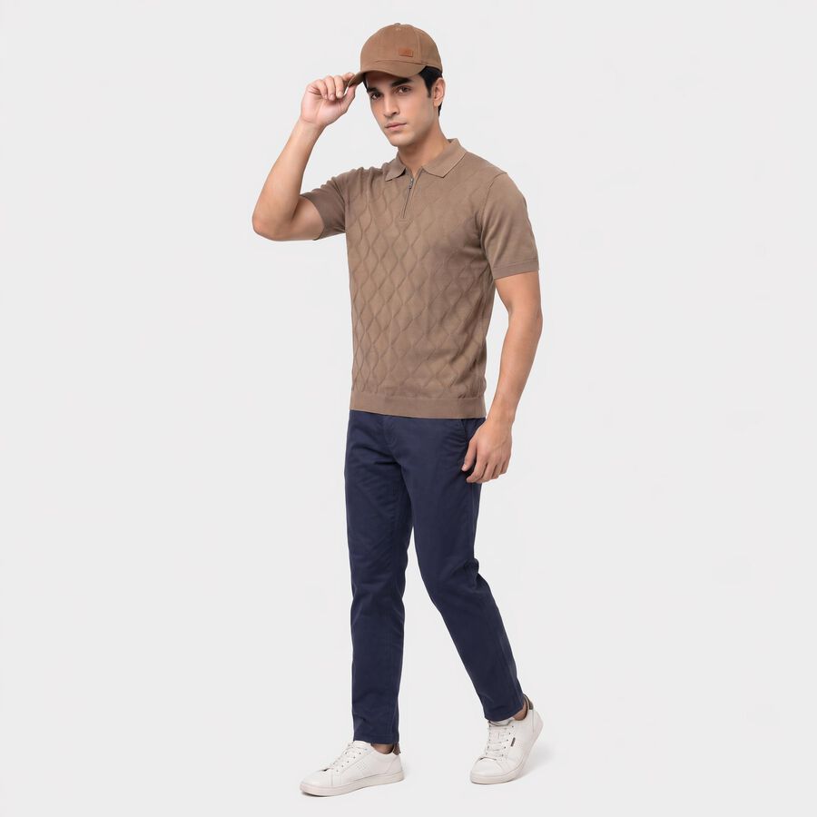 Men's Beige Cotton Polo Neck Geometric Polo T-Shirt, गहरा पीला, large