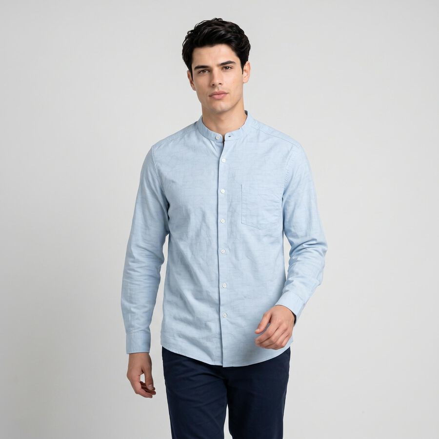 Men's Light Blue Cotton Mandarin Collar Shirt, हल्का नीला, large