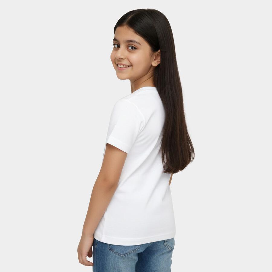 Girls White Cotton Blend Round Neck Graphic Printed T-Shirt, White, large image number null