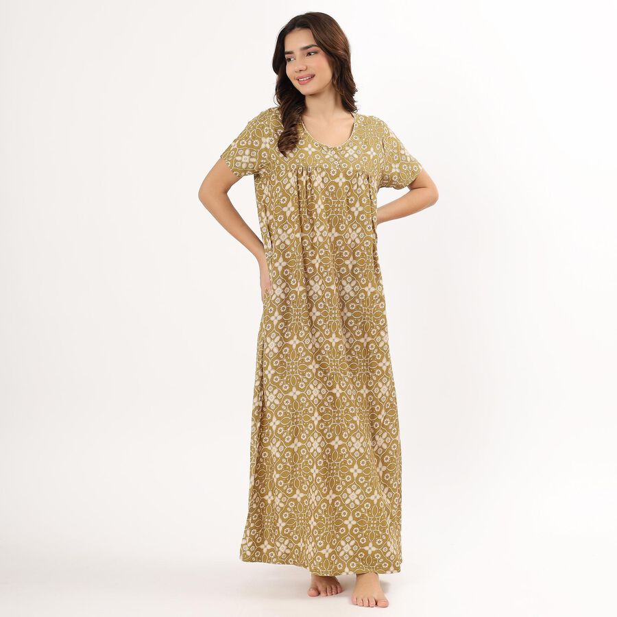 Women's Bright Coral Pink Round Neck Full Length Nighty, Olive, large image number null