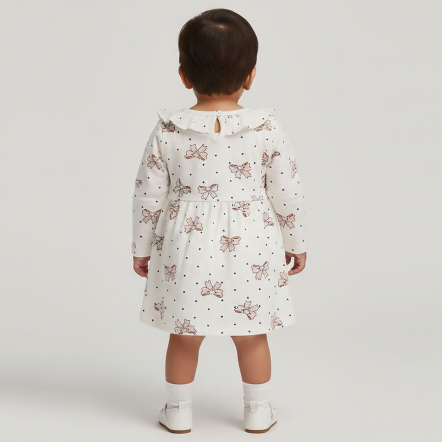 Girls' Soft Ivory White Bow Print Long Sleeve Frock, ऑफ व्हाइट, large image number null