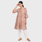Women's Pink V-Neck Printed Kurti, हल्का गुलाबी, small