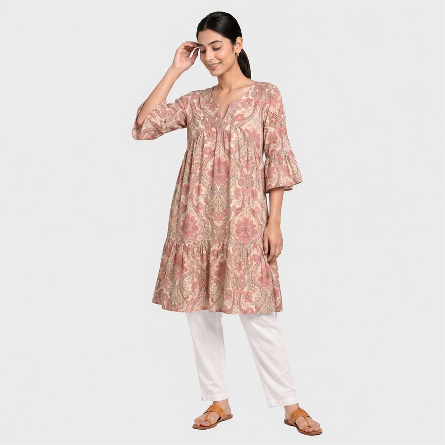 Women's Pink V-Neck Printed Kurti, हल्का गुलाबी, large