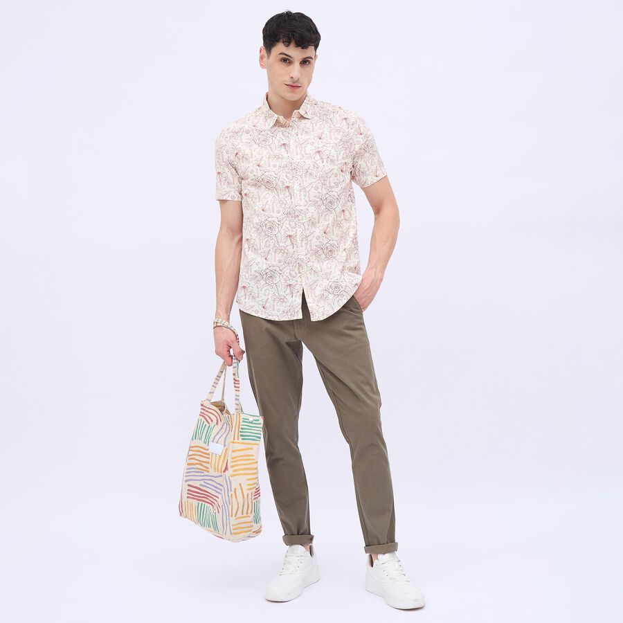 Men's Olive Green Slim Fit Printed Casual Trousers, Olive, large image number null