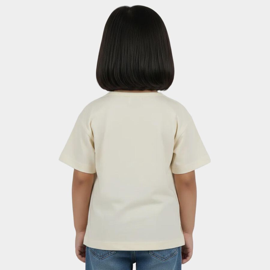 Girls White Cotton Round Neck Casual T-Shirt, White, large
