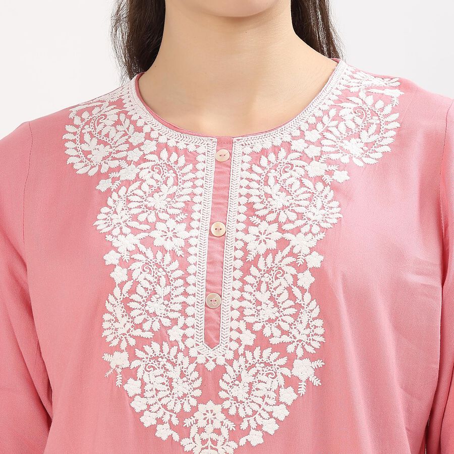 Women's Light Pink Round Neck Embroidered Kurti, Purple, large image number null