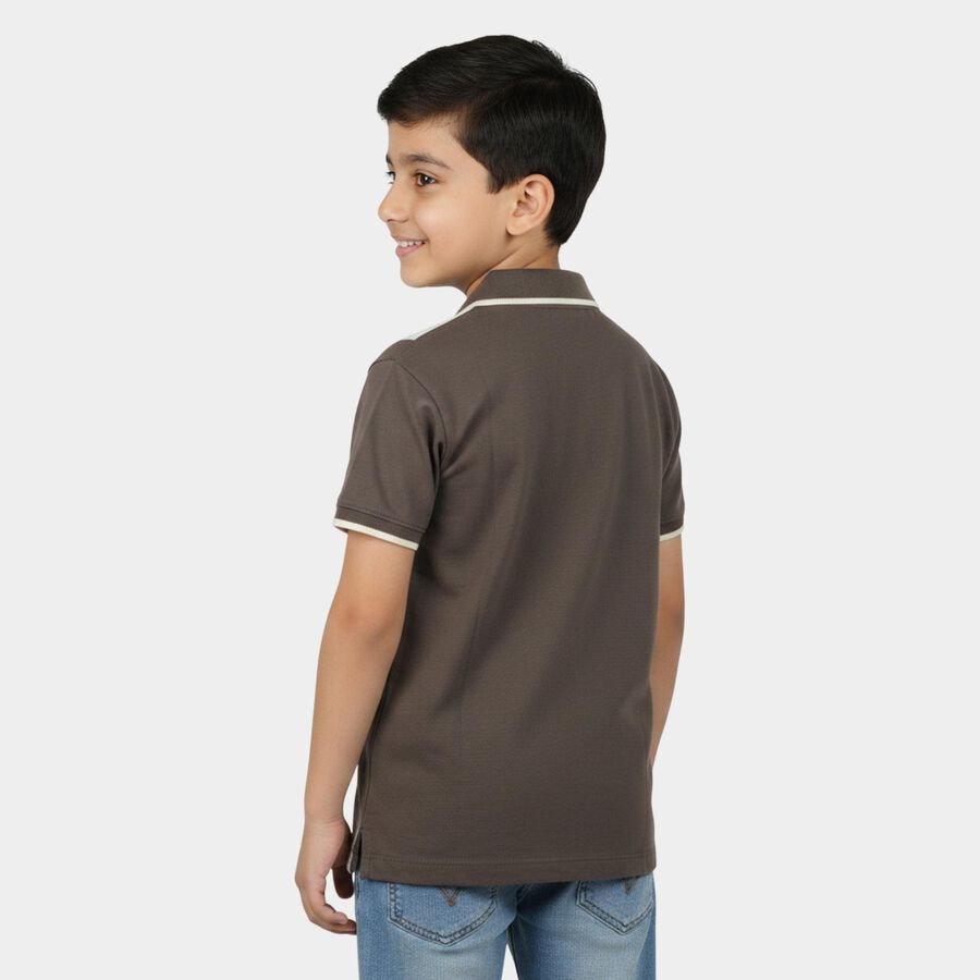 Boys' Charcoal Cotton Polo Neck Colorblocked T-Shirt, चारकोल, large