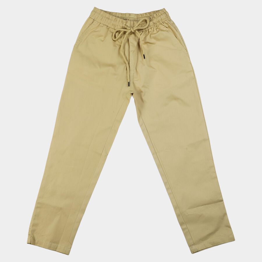 Boys Beige Straight Fit Drawstring Waist Trousers, गहरा पीला, large