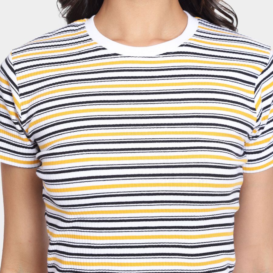 Ladies'  Stripes Round Neck T-Shirt, मस्टर्ड, large image number null