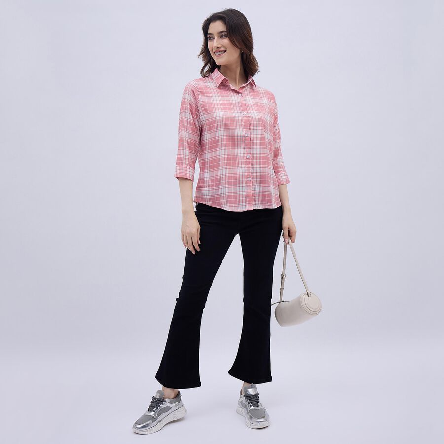 Women's Light Pink Checkered Classic Collar Shirt, हल्का गुलाबी, large image number null