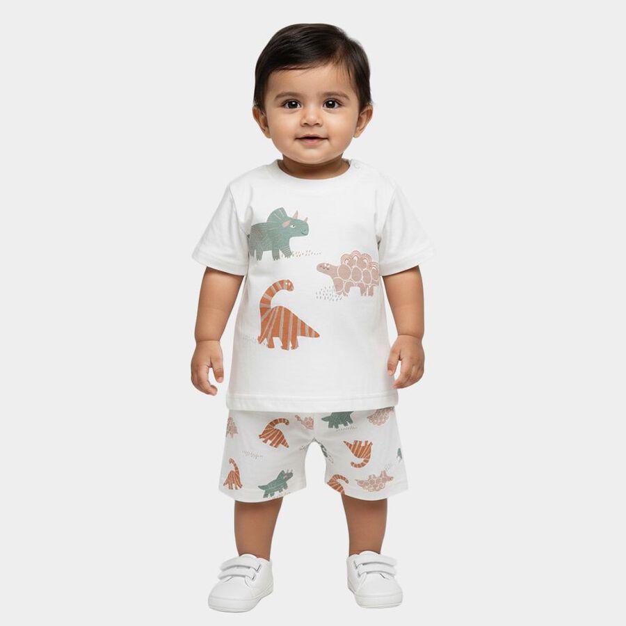 Infants' White Cotton Round Neck Printed Baba Suit, ऑफ व्हाइट, large