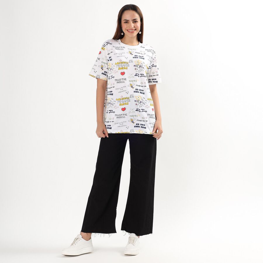 Women's White Cotton Round Neck Casual Printed T-Shirt, सफ़ेद, large image number null