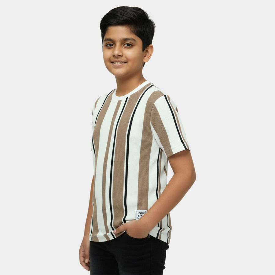 Boys Ecru Melange Round Neck Casual T-Shirt, Ecru Melange, large