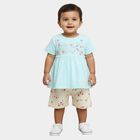 Infant Girl Pastel Blue Cotton Embroidered Top and Floral Shorts Set, Aqua, small