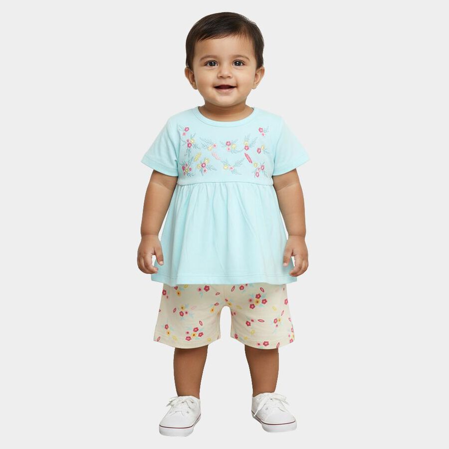 Infant Girl Pastel Blue Cotton Embroidered Top and Floral Shorts Set, Aqua, large