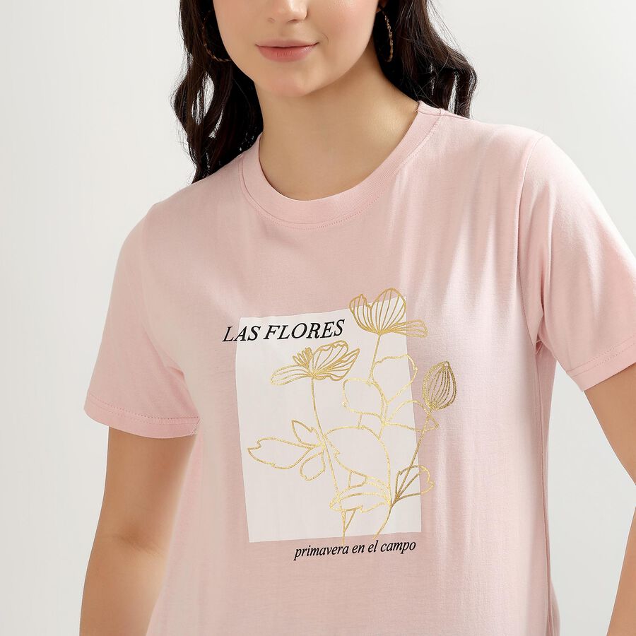 Women's Light Pink Cotton Round Neck Floral Print T-Shirt, Light Pink, large image number null