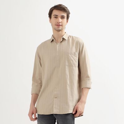 Men's Light Beige Cotton Classic Casual Shirt
