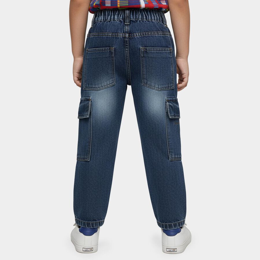 Boys' Dark Blue Regular Fit Graffiti Printed Cargo Jeans, मध्यम नीला, large