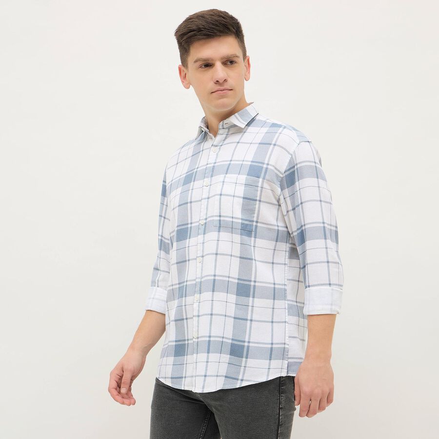 Men's Light Blue and White Cotton Spread Collar Casual Shirt, हल्का नीला, large